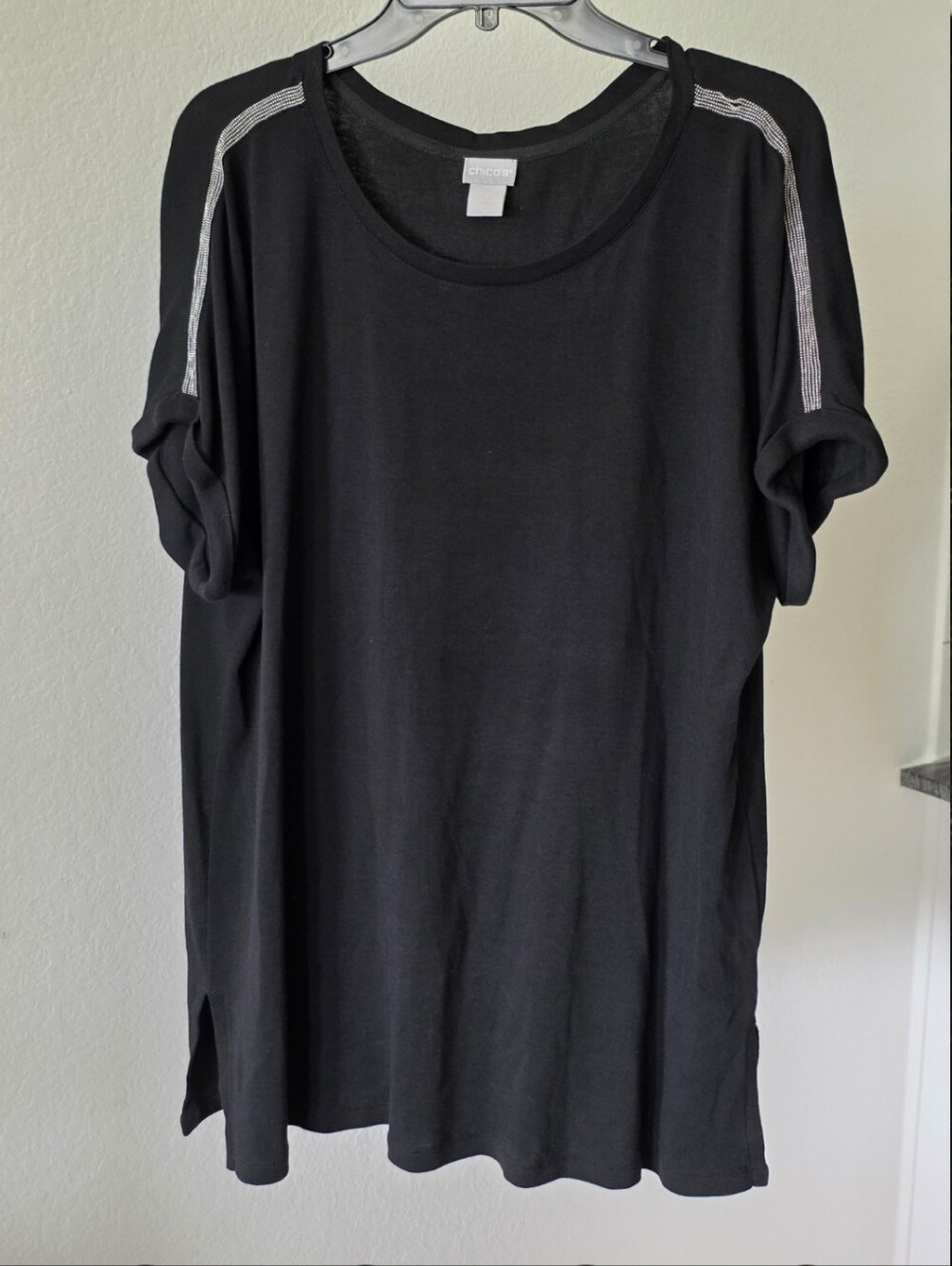 Chico's Women's Size 3 XL Black Rhinestone Shoulder Short Sleeve Tunic Top